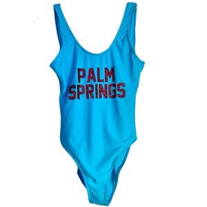 Palm Springs Aqua Blue Tank Style One piece Swimsuit Sz Med Pink Sparkly
